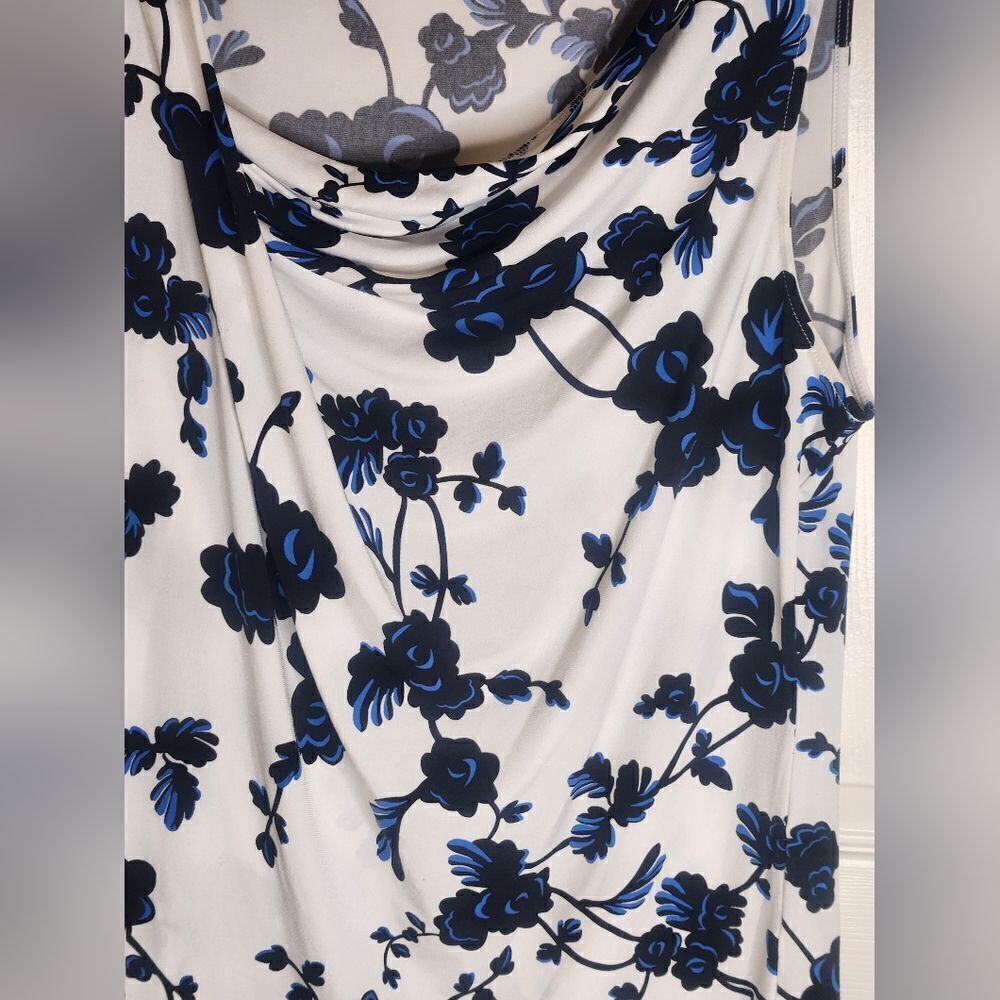 Ivanka Trump L White Navy Blue Floral Print  Slvless Cowl Neck Women Top Blouse - Picture 4 of 6